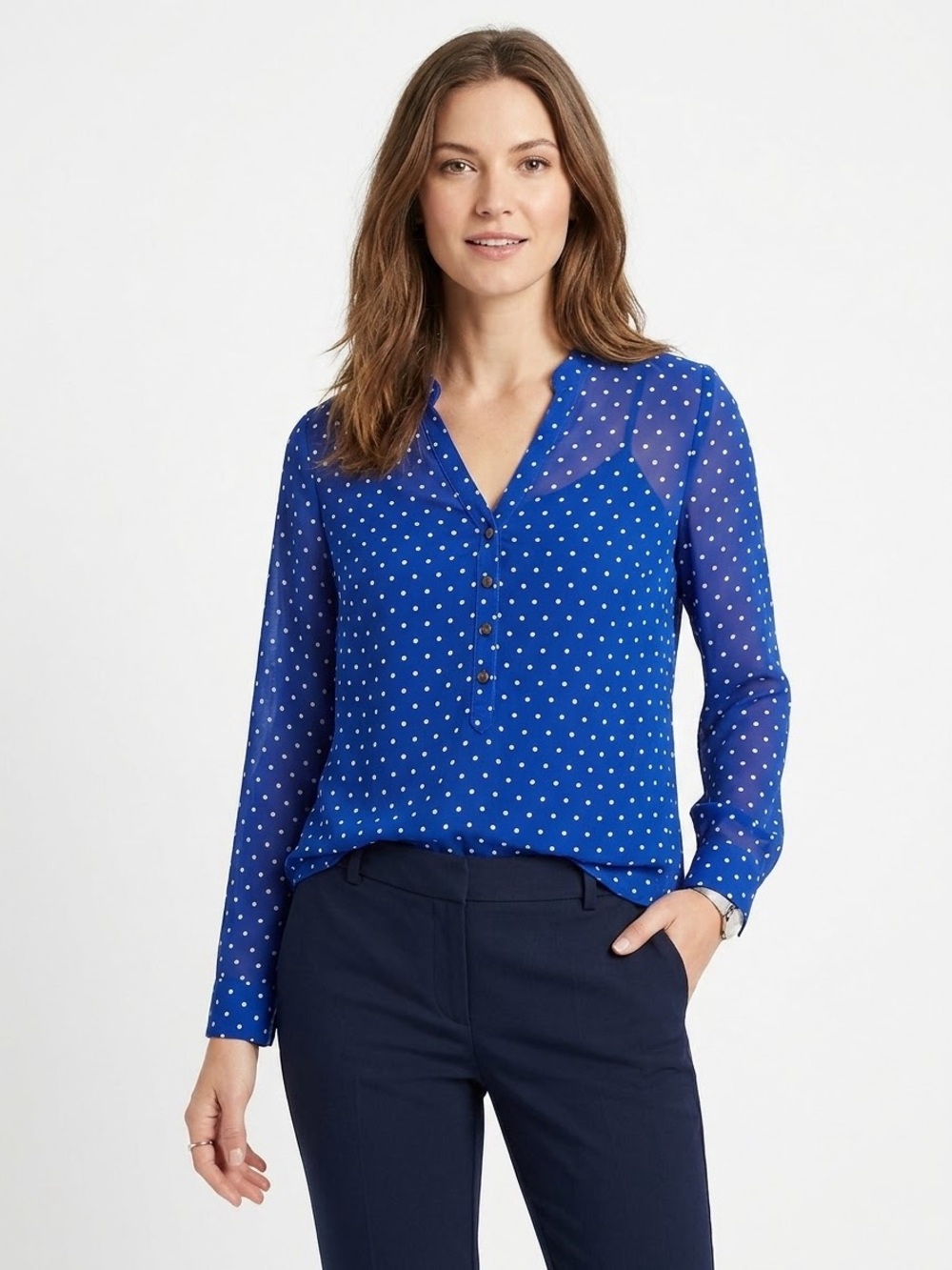 a.n.a Blue Polka Dot V-Neck Button Blouse